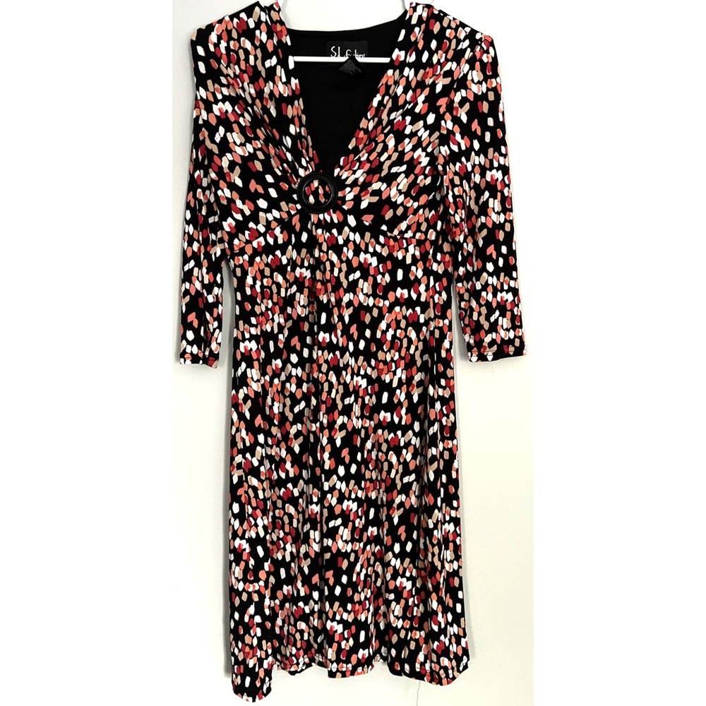 SL Fashions Dress Womens 8 Black Multicolor Print Ring Waist V Neck Knee Length